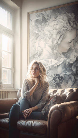 Woman in her apartment, surrounded by warm lighting and soft furnishings, as she enjoys her cozy lifestyle. She exudes a sense of comfort and relaxation, inviting the viewer to share in her tranquil moment. AI generative imageの素材