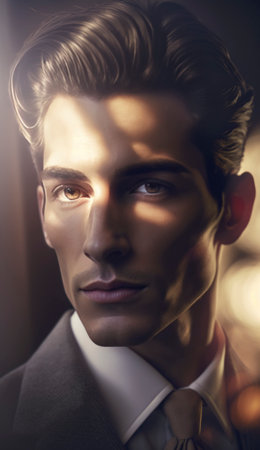 Male model portrait, looking good with a trendy haircut with a moody expression on his face. AI generative imageの素材
