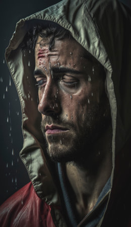 Male model portrait, looking good with a trendy haircut with a moody expression on his face. AI generative imageの素材