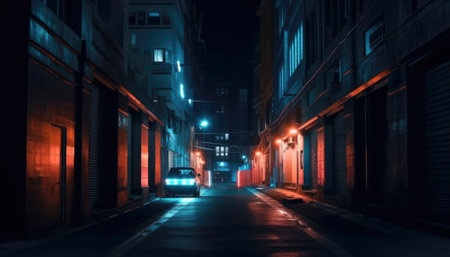 An urban nightscape is illuminated by vibrant neon lights casting a colorful glow upon the empty streets. The towering buildings stand tall and silent, creating an eerie yet alluring ambiance in the heart of the bustling city. AI generative imageの素材