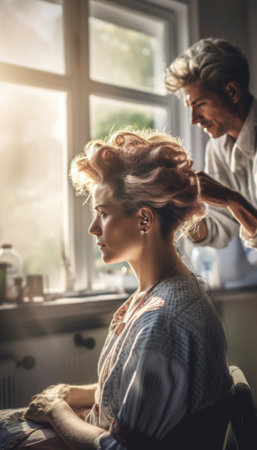 Hairdresser in a modern hair salon. The salon has an authentic hairt salon mood and the atmosphere exudes professionalism and style. AI generative imageの素材