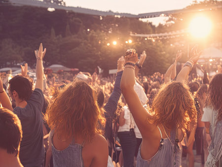 Outdoor festival event captures the essence of pure joy and celebration. People partying and, having fun under the warm sun. The colorful decorations, festive music and lively atmosphere create a sense of happiness that is contagious and uplifting AI generative imageの素材