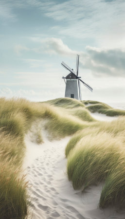 Danish coastline; with tall windmills standing tall against the clear blue sky. The sandy dunes and tall green lyme grass in the foreground provide a sense of tranquility and natural beauty. AI generative imageの素材