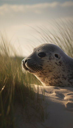 Seal resting on a sandy dune with lyme grass surrounding it. The beautiful coastal scenery of Denmark provides the perfect backdrop for the peaceful moment captured in the image. AI generative imageの素材