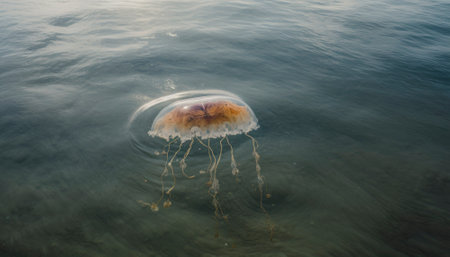 Jellyfish gracefully gliding through the deep blue sea. Their long, trailing tentacles delicately dance behind them, creating an ethereal and mesmerizing scene. AI generative imageの素材