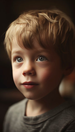 Portrait of a cute boy with an innocent look and an expression on his face. AI generative imageの素材
