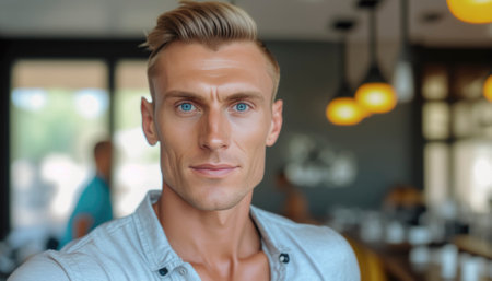 Male model portrait, looking good with a trendy haircut with a moody expression on his face. AI generative imageの素材