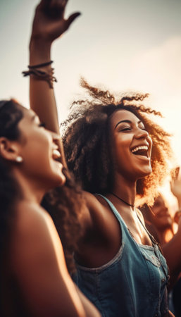 Outdoor festival event captures the essence of pure joy and celebration. People partying and, having fun under the warm sun. The colorful decorations, festive music and lively atmosphere create a sense of happiness that is contagious and uplifting AI generative imageの素材
