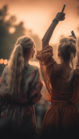 Outdoor festival event captures the essence of pure joy and celebration. People partying and, having fun under the warm sun. The colorful decorations, festive music and lively atmosphere create a sense of happiness that is contagious and uplifting AI generative imageの素材