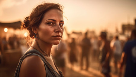 Outdoor festival event captures the essence of pure joy and celebration. People partying and, having fun under the warm sun. The colorful decorations, festive music and lively atmosphere create a sense of happiness that is contagious and uplifting AI generative imageの素材