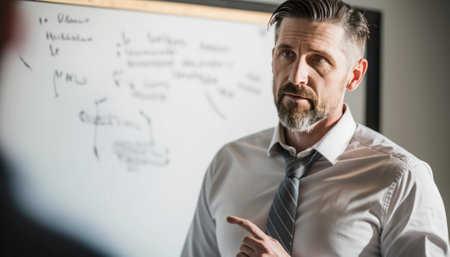 Teacher is standing in front of a whiteboard, giving a lecture. The teacher appears engaged and focused while gesturing with their hands, conveying important information. The students are listening intently and taking notes, suggesting a productive and educational atmosphere. AI generative illustrationの素材