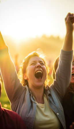 Outdoor festival event captures the essence of pure joy and celebration. People partying and, having fun under the warm sun. The colorful decorations, festive music and lively atmosphere create a sense of happiness that is contagious and uplifting AI generative imageの素材