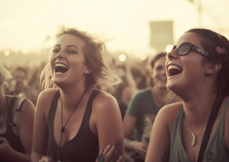 Outdoor festival event captures the essence of pure joy and celebration. People partying and, having fun under the warm sun. The colorful decorations, festive music and lively atmosphere create a sense of happiness that is contagious and uplifting AI generative imageの素材