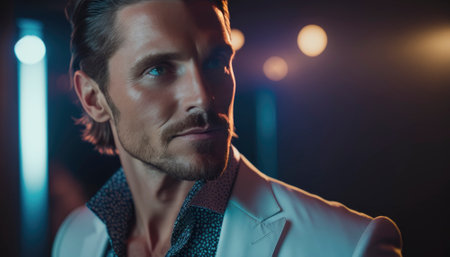 Male model portrait, looking good with a trendy haircut with a moody expression on his face. AI generative imageの素材