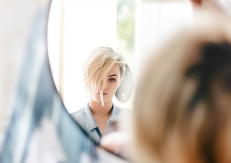 Hairdresser in a modern hair salon. The salon has an authentic hairt salon mood and the atmosphere exudes professionalism and style. AI generative imageの素材