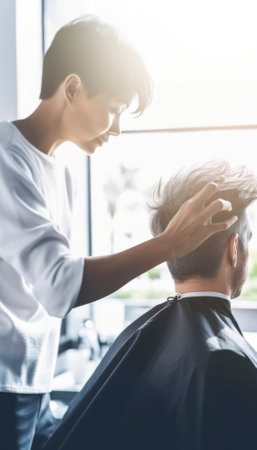 Hairdresser in a modern hair salon. The salon has an authentic hairt salon mood and the atmosphere exudes professionalism and style. AI generative imageの素材
