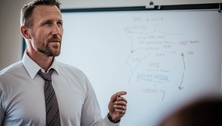 Teacher is standing in front of a whiteboard, giving a lecture. The teacher appears engaged and focused while gesturing with their hands, conveying important information. The students are listening intently and taking notes, suggesting a productive and educational atmosphere. AI generative illustrationの素材