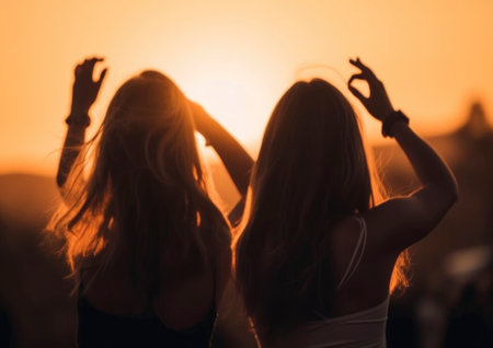 Outdoor festival event captures the essence of pure joy and celebration. People partying and, having fun under the warm sun. The colorful decorations, festive music and lively atmosphere create a sense of happiness that is contagious and uplifting AI generative imageの素材