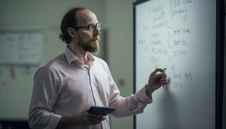 Teacher is standing in front of a whiteboard, giving a lecture. The teacher appears engaged and focused while gesturing with their hands, conveying important information. The students are listening intently and taking notes, suggesting a productive and educational atmosphere. AI generative illustrationの素材