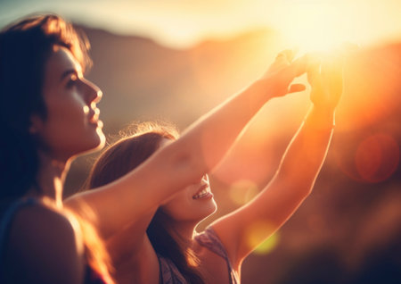 Outdoor festival event captures the essence of pure joy and celebration. People partying and, having fun under the warm sun. The colorful decorations, festive music and lively atmosphere create a sense of happiness that is contagious and uplifting AI generative imageの素材