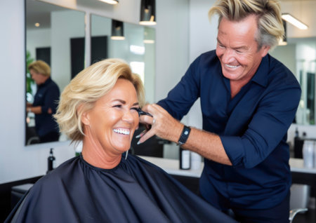 Hairdresser in a modern hair salon. The salon has an authentic hairt salon mood and the atmosphere exudes professionalism and style. AI generative imageの素材