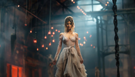 A radiant actress, adorned in theatrical attire, prepares her captivating presence illuminated by a canopy of suspended light bulbs, hinting at the imminent brilliance about to unfold on stage. Generative AI illustrationsの素材