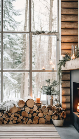 A cozy Nordic Christmas scene: A rustic wooden cabin adorned with pine decorations, featuring a warm fireplace in the living room. Through the window, a serene winter landscape bathed in daylight unfolds.. Generative AI illustrationsの素材