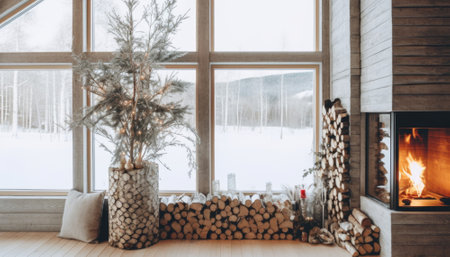 A cozy Nordic Christmas scene: A rustic wooden cabin adorned with pine decorations, featuring a warm fireplace in the living room. Through the window, a serene winter landscape bathed in daylight unfolds.. Generative AI illustrationsの素材