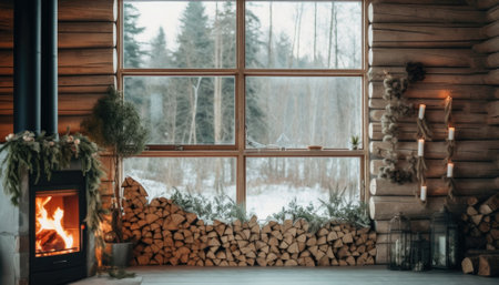A cozy Nordic Christmas scene: A rustic wooden cabin adorned with pine decorations, featuring a warm fireplace in the living room. Through the window, a serene winter landscape bathed in daylight unfolds.. Generative AI illustrationsの素材