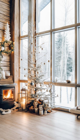 A cozy Nordic Christmas scene: A rustic wooden cabin adorned with pine decorations, featuring a warm fireplace in the living room. Through the window, a serene winter landscape bathed in daylight unfolds.. Generative AI illustrationsの素材