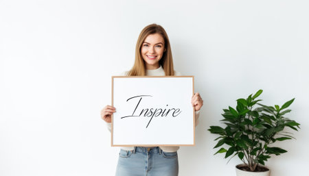 A beaming woman proudly holds an "Inspire" sign, radiating positivity and motivation. Her infectious smile and uplifting gesture capture the essence of inspiration, encouraging others to embrace their potential and dreams. Generative AI illustrationsの素材