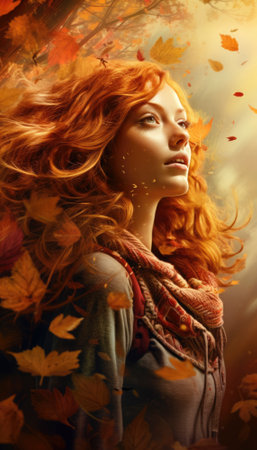 Gorgeous model gracefully poses amidst a vibrant autumn landscape, adorned with colorful maple leaves, encapsulating the essence of fall's enchanting beauty. Generative AI illustrationsの素材