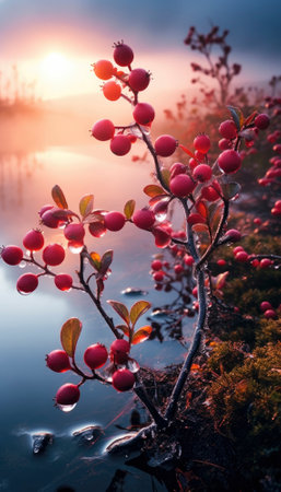 Vibrant autumn dew glistens on plump, crimson cranberries, capturing the essence of fall's bounty in a single frame. Nature's brilliance on display, a harvest feast for the eyes. Generative AI illustrationsの素材