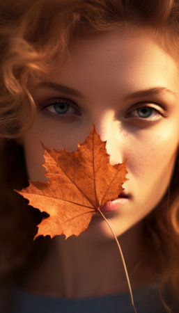 Gorgeous model gracefully poses amidst a vibrant autumn landscape, adorned with colorful maple leaves, encapsulating the essence of fall's enchanting beauty. Generative AI illustrationsの素材
