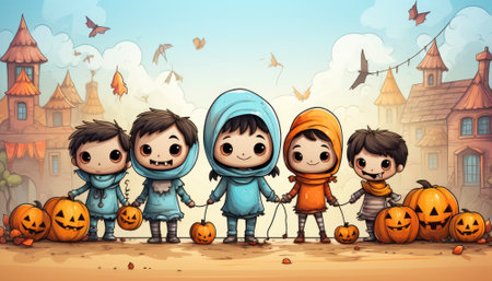 Spooky Fun! Join our Halloween extravaganza! Kids dressed to thrill, ready for trick-or-treat adventure! Ghostly goodies, hauntingly happy memories. Don't miss the frightful fun! #HalloweenWithKids. Generative AI illustrationsの素材