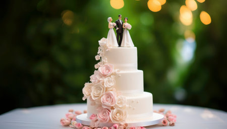 Exquisite wedding cake, a culinary masterpiece, adorned with intricate decorations, takes center stage on a table. Its irresistible allure promises a delectable celebration, capturing the essence of joyous festivities.. Generative AI illustrationsの素材