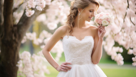 Radiant bride in an exquisite wedding gown, poised for her momentous ceremony. Elegance and anticipation shine in her eyes, capturing the essence of a dream fulfilled on her special day.. Generative AI illustrationsの素材