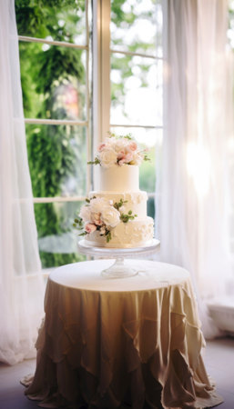 Exquisite wedding cake, a culinary masterpiece, adorned with intricate decorations, takes center stage on a table. Its irresistible allure promises a delectable celebration, capturing the essence of joyous festivities.. Generative AI illustrationsの素材