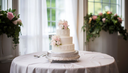 Exquisite wedding cake, a culinary masterpiece, adorned with intricate decorations, takes center stage on a table. Its irresistible allure promises a delectable celebration, capturing the essence of joyous festivities.. Generative AI illustrationsの素材