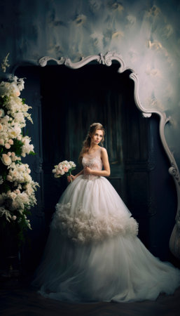 Radiant bride in an exquisite wedding gown, poised for her momentous ceremony. Elegance and anticipation shine in her eyes, capturing the essence of a dream fulfilled on her special day.. Generative AI illustrationsの素材