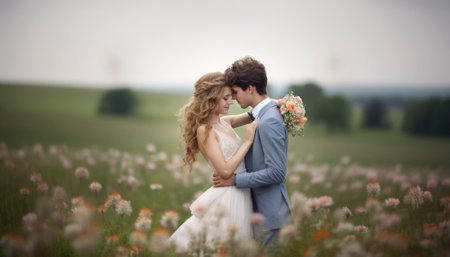 A newlywed couple radiates pure love and joy on their wedding day. Emotions are vivid as they embrace amidst a sea of smiles, capturing the essence of their profound and unforgettable moment. Generative AI illustrationsの素材