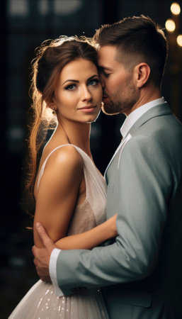 A newlywed couple radiates pure love and joy on their wedding day. Emotions are vivid as they embrace amidst a sea of smiles, capturing the essence of their profound and unforgettable moment. Generative AI illustrationsの素材