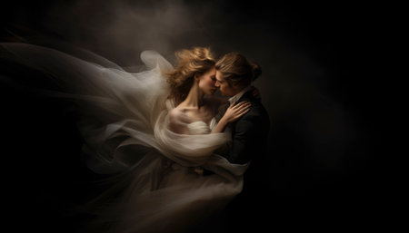 A newlywed couple radiates pure love and joy on their wedding day. Emotions are vivid as they embrace amidst a sea of smiles, capturing the essence of their profound and unforgettable moment. Generative AI illustrationsの素材