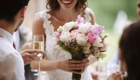 Radiant bride in an exquisite wedding gown, poised for her momentous ceremony. Elegance and anticipation shine in her eyes, capturing the essence of a dream fulfilled on her special day.. Generative AI illustrationsの素材