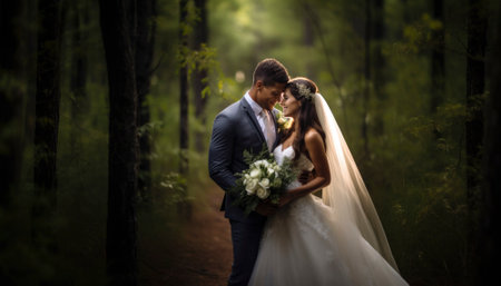 A newlywed couple radiates pure love and joy on their wedding day. Emotions are vivid as they embrace amidst a sea of smiles, capturing the essence of their profound and unforgettable moment. Generative AI illustrationsの素材