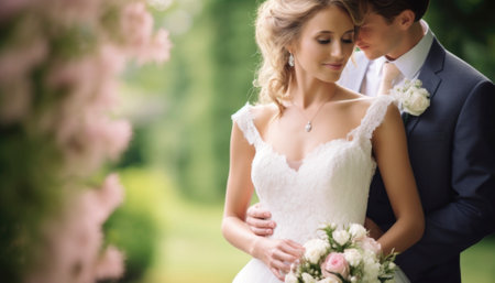 A newlywed couple radiates pure love and joy on their wedding day. Emotions are vivid as they embrace amidst a sea of smiles, capturing the essence of their profound and unforgettable moment. Generative AI illustrationsの素材