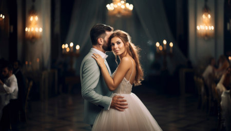 A newlywed couple radiates pure love and joy on their wedding day. Emotions are vivid as they embrace amidst a sea of smiles, capturing the essence of their profound and unforgettable moment. Generative AI illustrationsの素材