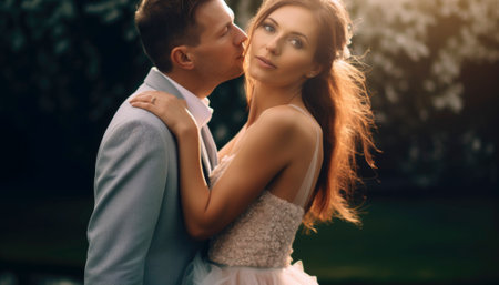 A newlywed couple radiates pure love and joy on their wedding day. Emotions are vivid as they embrace amidst a sea of smiles, capturing the essence of their profound and unforgettable moment. Generative AI illustrationsの素材