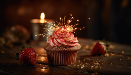 A delectable cupcake adorned with exquisite decorations, enticingly beckoning with its irresistible charm. Its delicious allure is captured through vibrant colors and intricate details, promising a delightful indulgence.. Generative AI illustrationsの素材