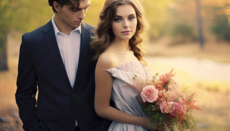 A newlywed couple radiates pure love and joy on their wedding day. Emotions are vivid as they embrace amidst a sea of smiles, capturing the essence of their profound and unforgettable moment. Generative AI illustrationsの素材
